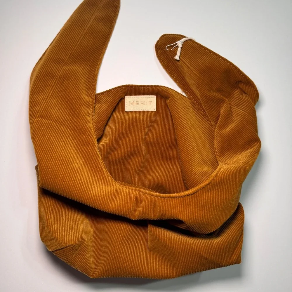 Merit Beauty Signature Bag Corduroy Ochre Brown Knotted Handle Tote NWT